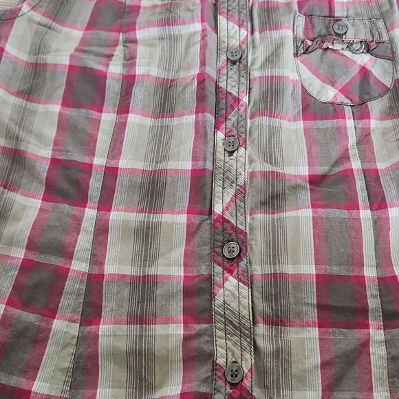 H&M Cotton Button-Down Short Sleeves Ruffled Shirt Hot Pink & Military Green 8 - Picture 12 of 16